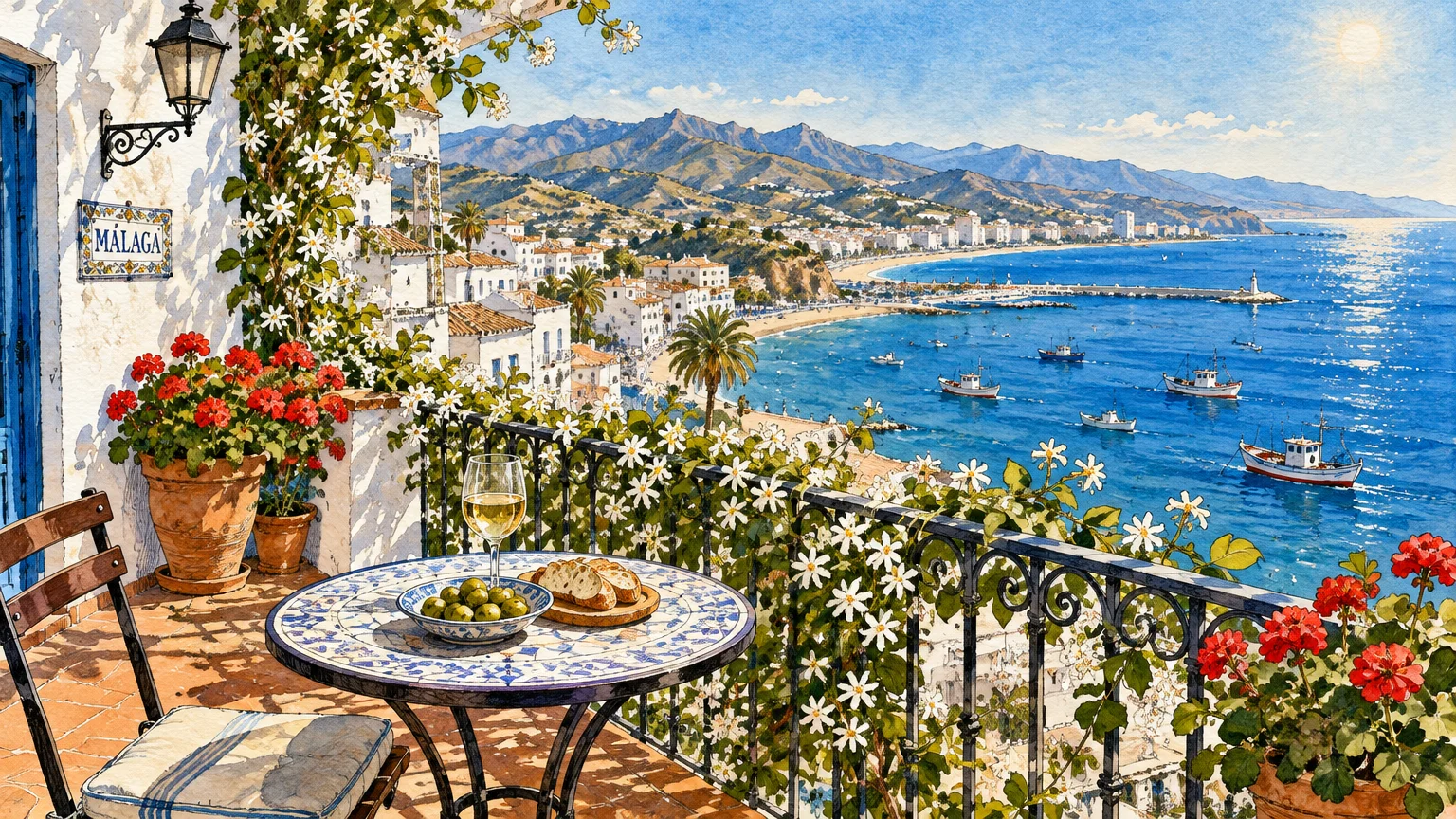 Watercolor illustration of a sunny balcony with flowers, wine, and food overlooking a coastal Mediterranean town and sea.