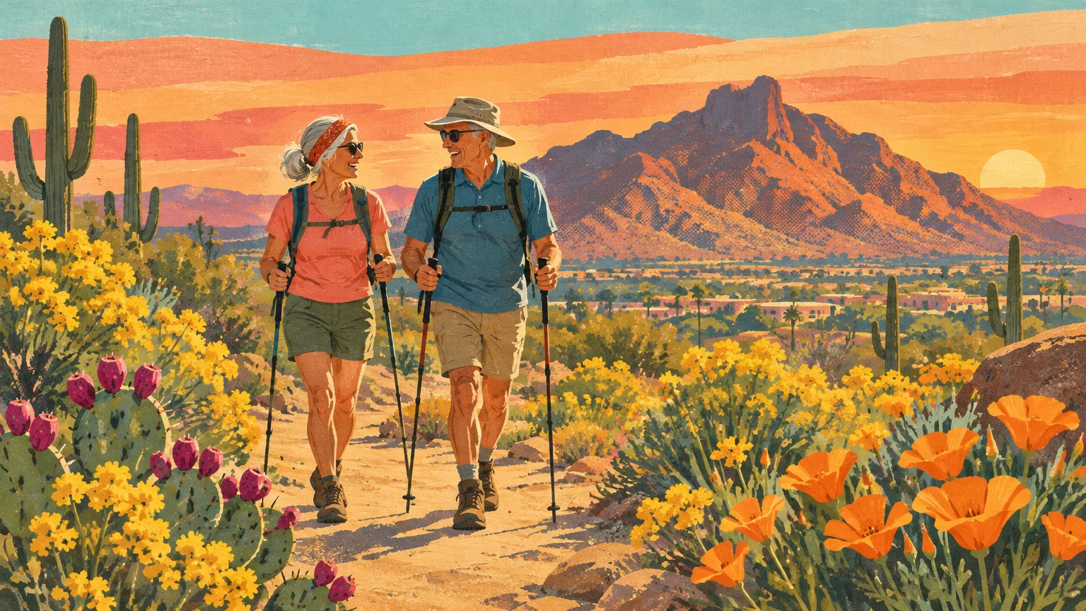 Illustration of a smiling senior couple hiking on a sunny desert path surrounded by yellow wildflowers, cacti, and mountains.