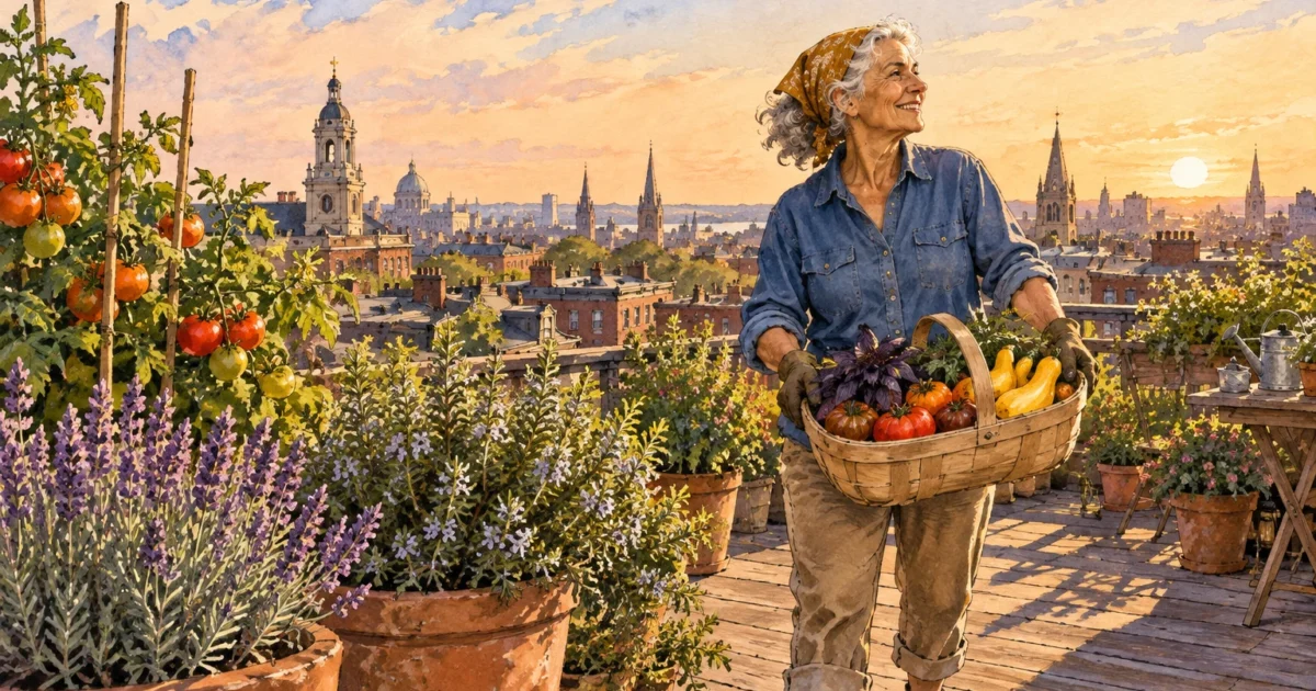 Smiling older woman carrying a basket of harvested vegetables on a sunny rooftop garden overlooking a city skyline.