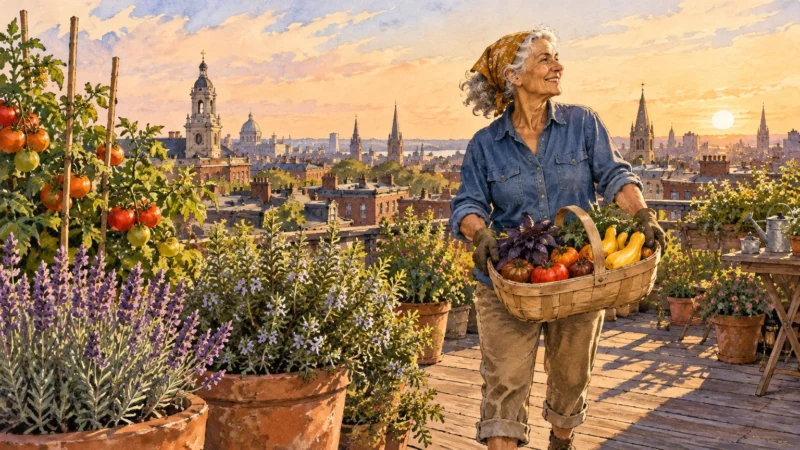 Smiling older woman carrying a basket of harvested vegetables on a sunny rooftop garden overlooking a city skyline.