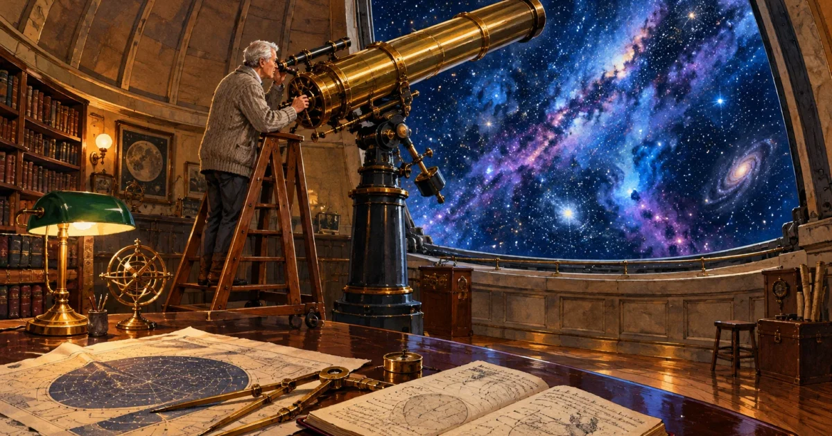 Older man on a wooden ladder peering through a large brass telescope at a starry night sky from an observatory.