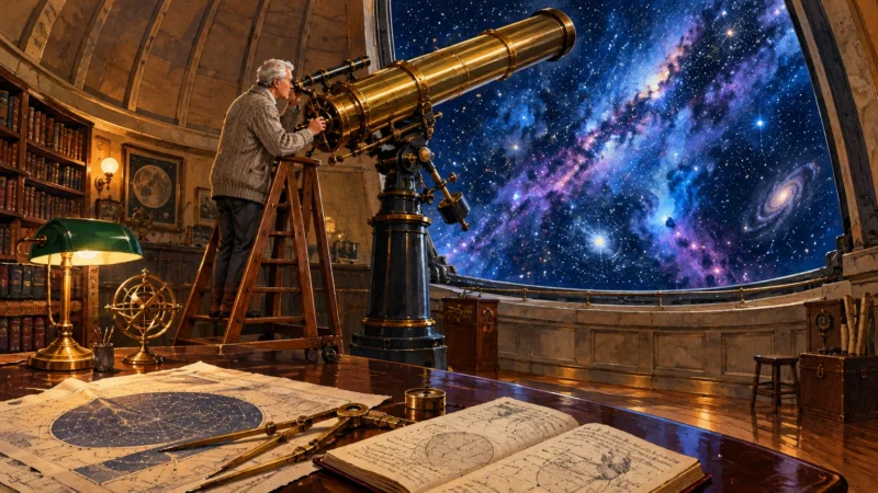 Older man on a wooden ladder peering through a large brass telescope at a starry night sky from an observatory.