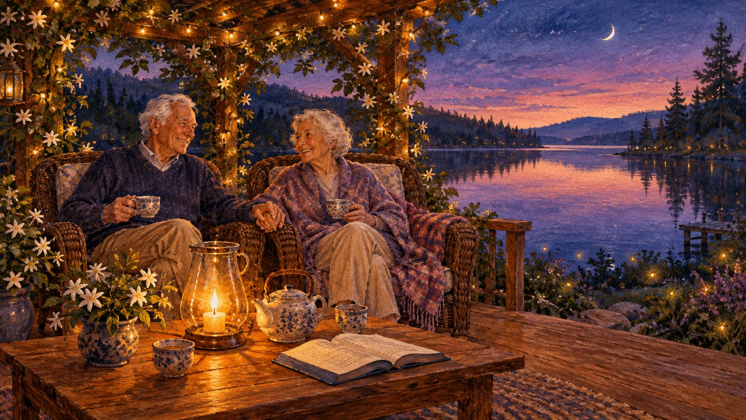 Senior couple holding hands and drinking tea on a cozy illuminated porch overlooking a lake at sunset.