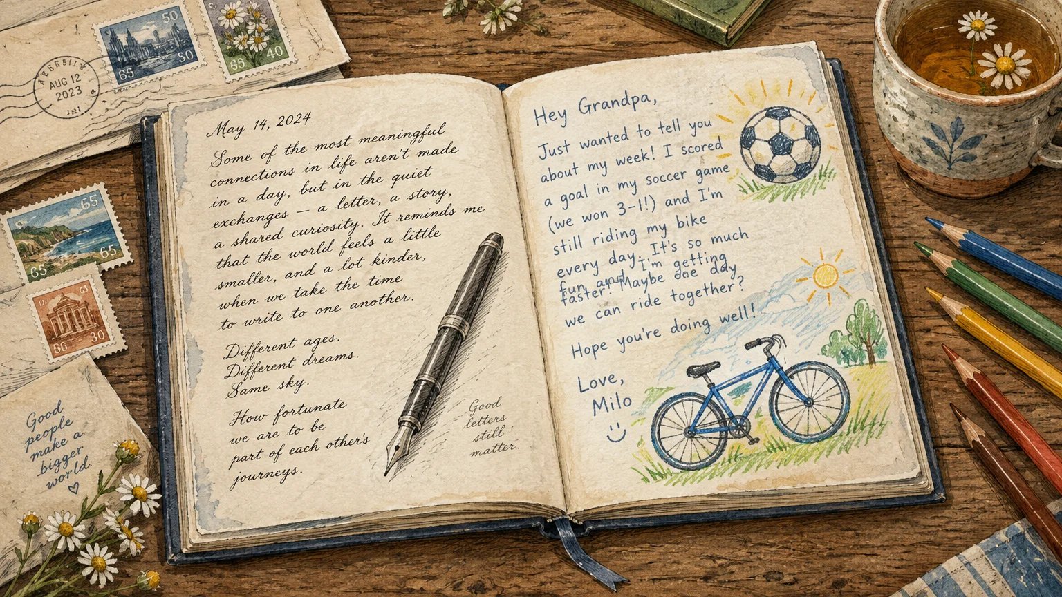 Open journal on a wooden desk with handwritten notes, drawings of a soccer ball and bike, colored pencils, and stamps.