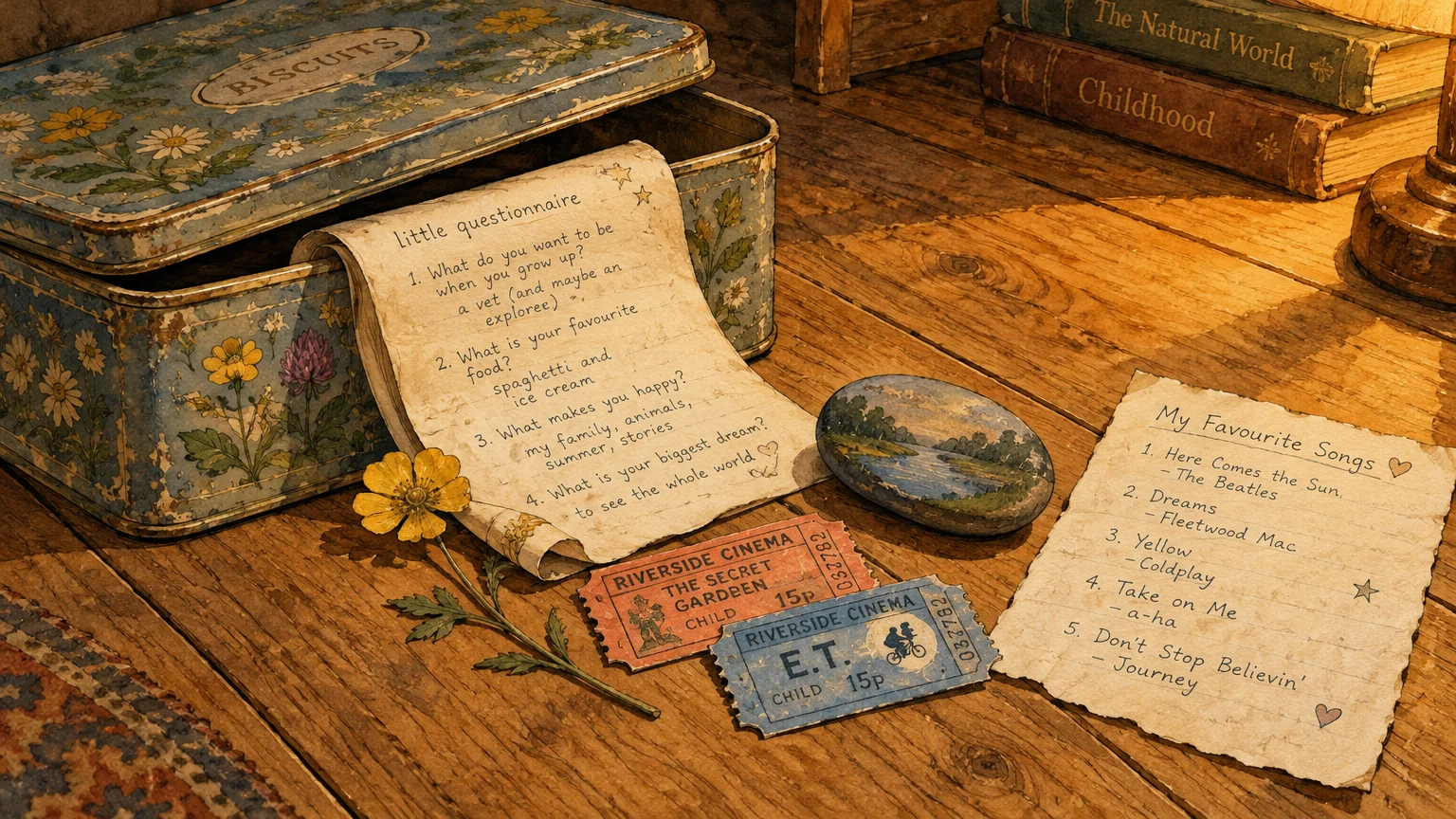 Vintage biscuit tin with handwritten questionnaires, cinema tickets, and a painted stone on a wooden floor.