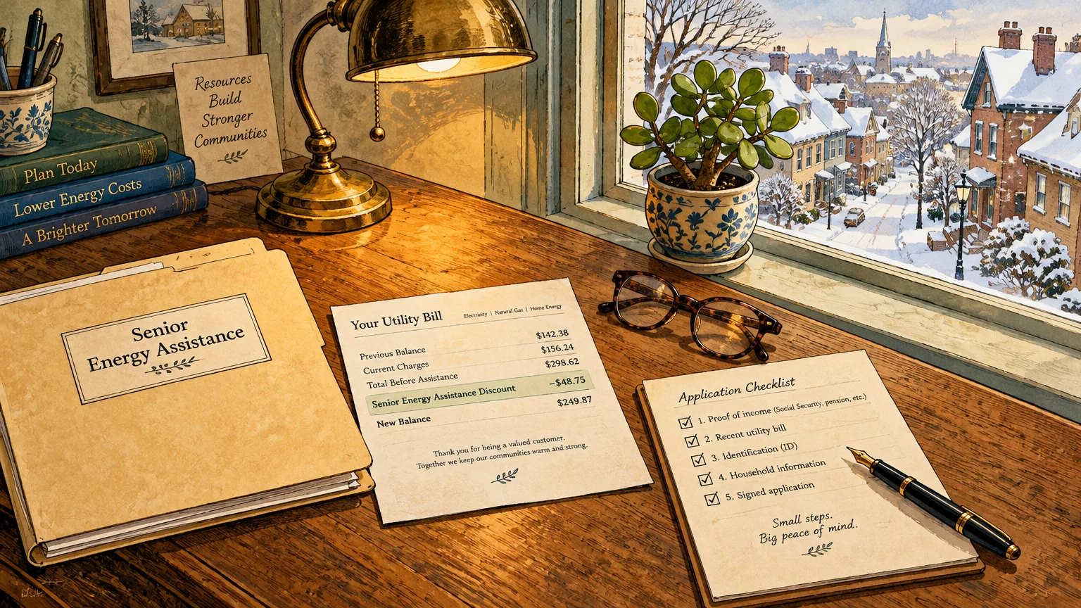 Desk with a utility bill showing a senior discount, application checklist, glasses, lamp, and snowy town outside window.