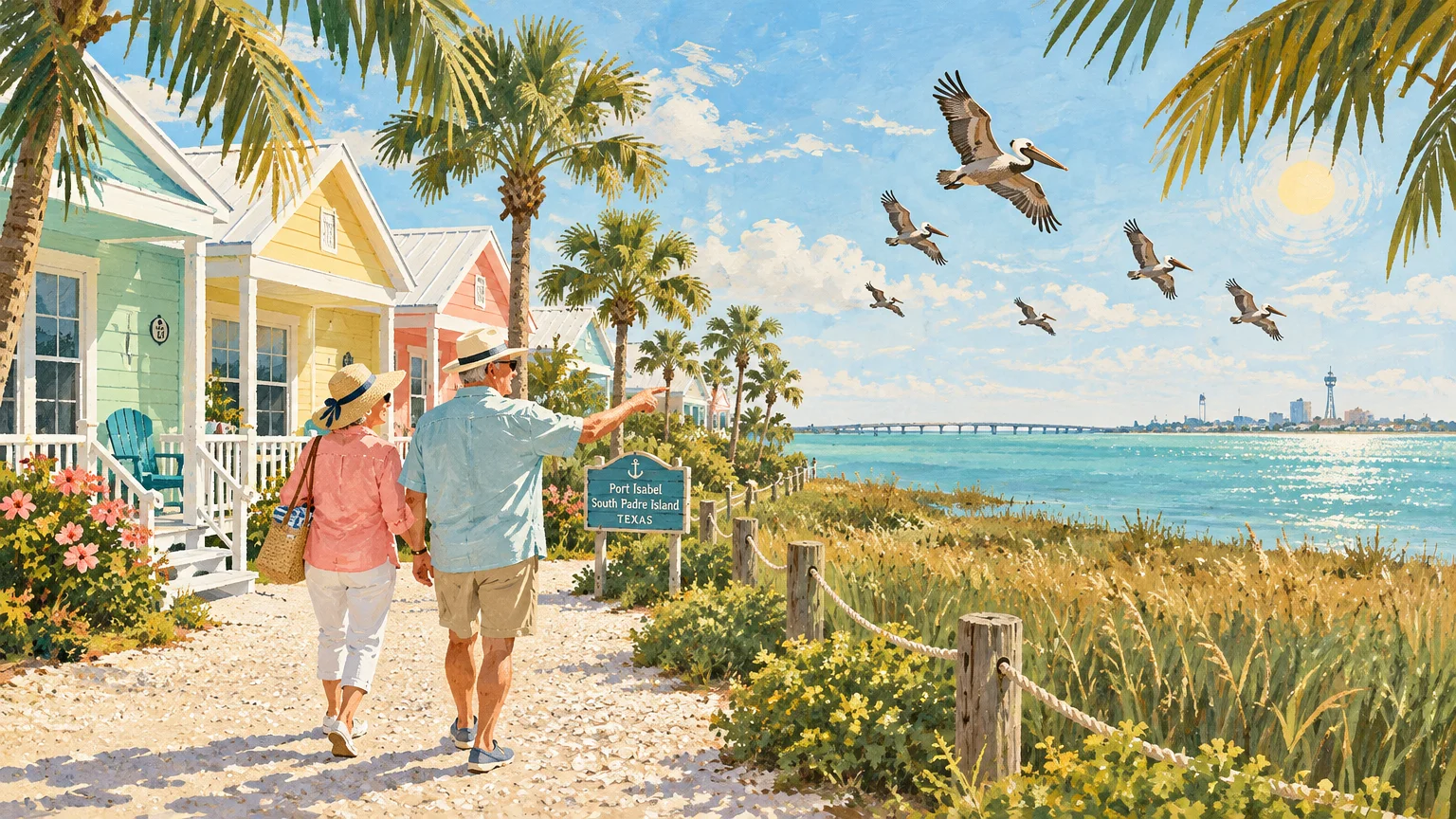 Illustration of a couple walking past colorful beachfront cottages toward the water as pelicans fly overhead under the sun.