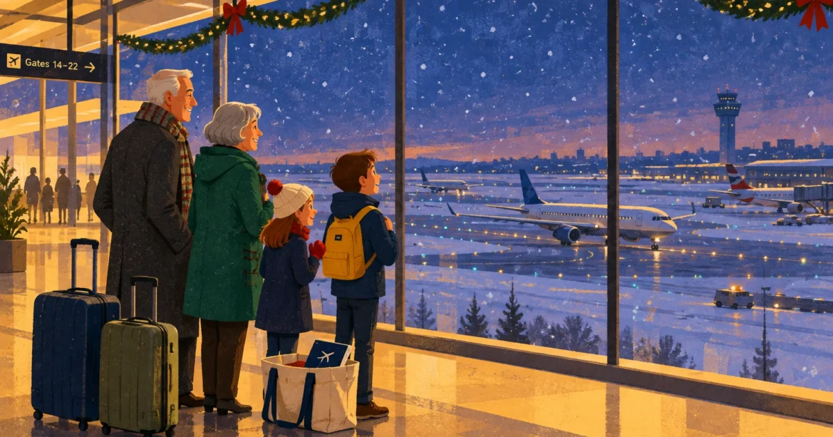 Grandparents and two children with luggage look through airport terminal windows at airplanes on a snowy runway.