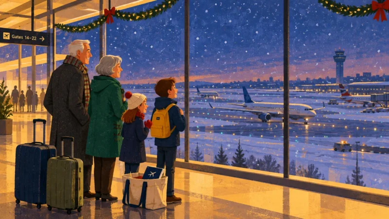 Grandparents and two children with luggage look through airport terminal windows at airplanes on a snowy runway.