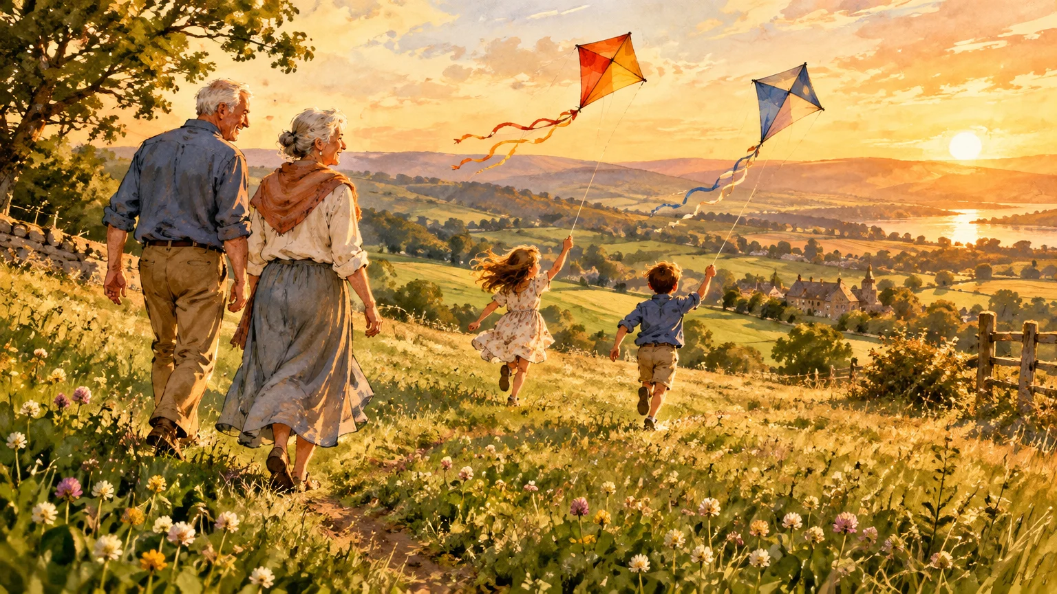 Illustration of grandparents walking through a meadow as two grandchildren run ahead flying colorful kites at sunset.