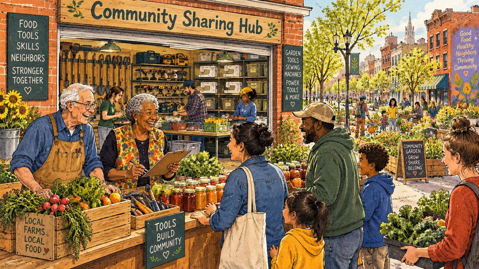 Illustration of diverse neighbors gathering at a vibrant outdoor community sharing hub with fresh produce and tools.