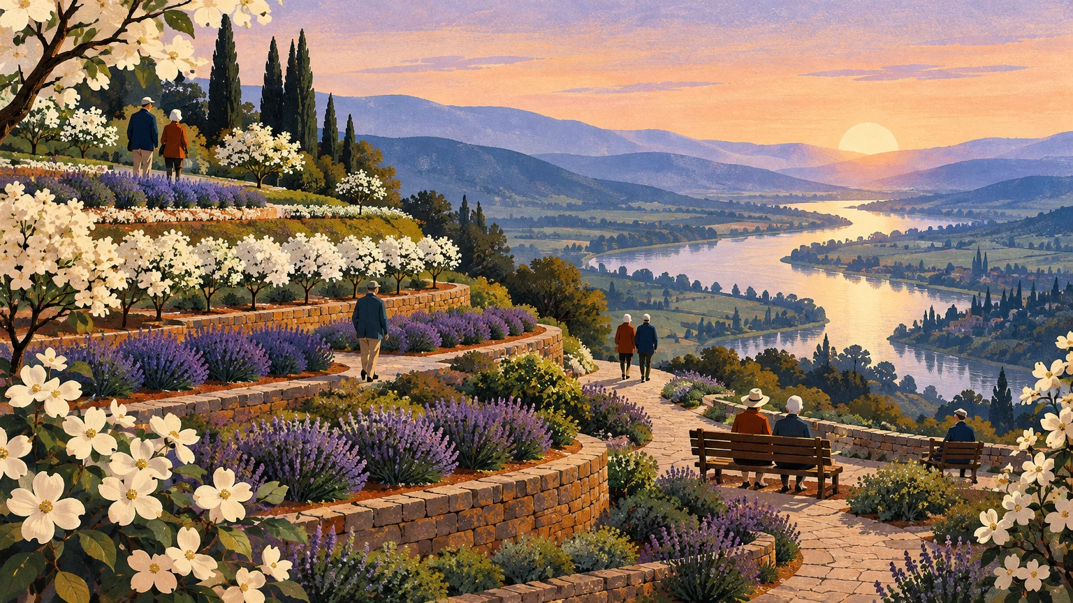 Illustration of seniors walking and sitting along terraced stone garden paths overlooking a river valley at sunset.
