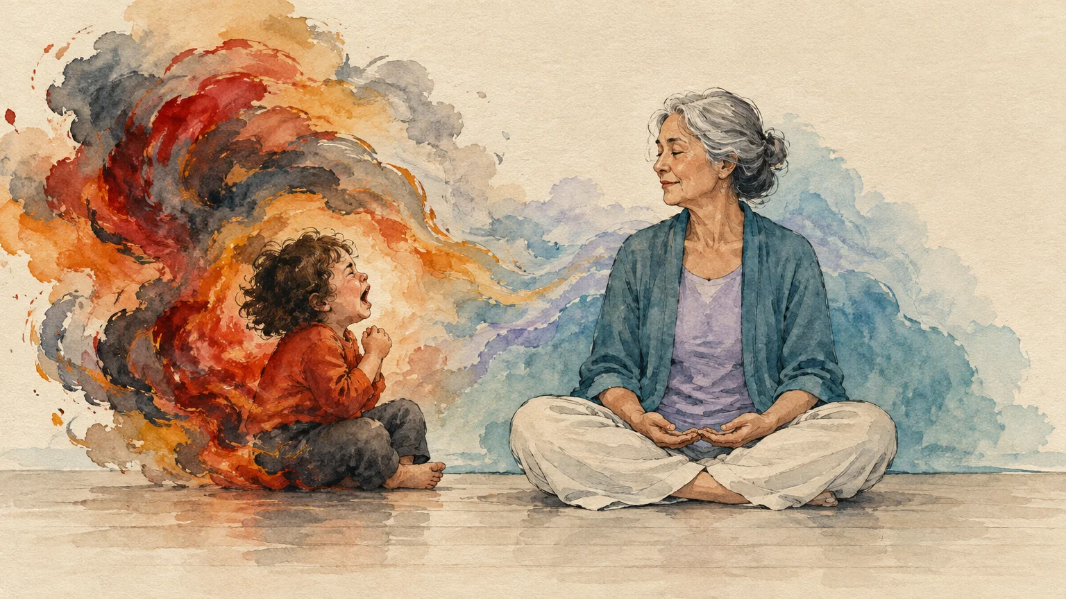 Watercolor of a calm older woman sitting cross-legged beside a crying toddler surrounded by fiery, smoky brushstrokes.