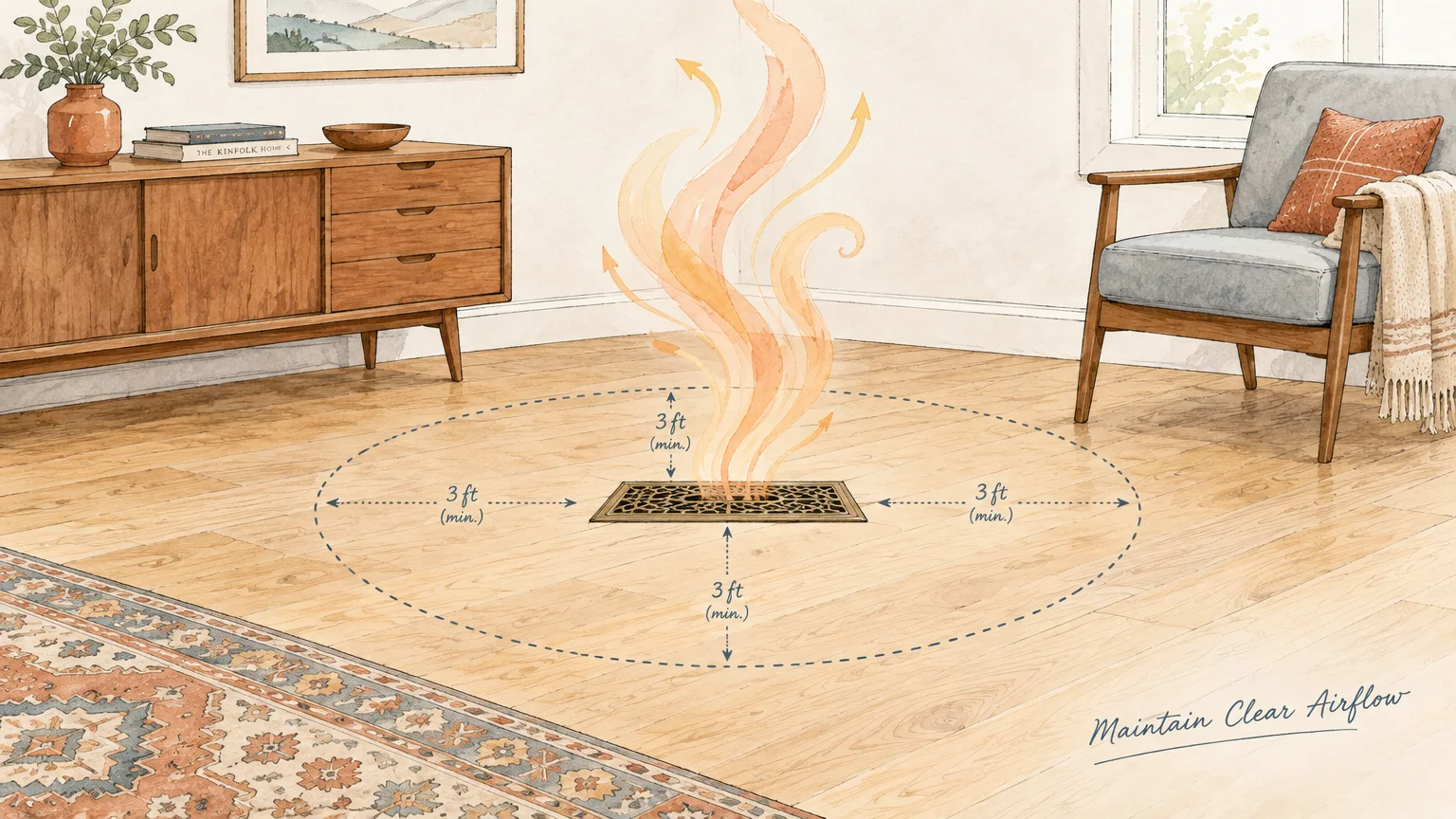 Illustration of a floor vent in a living room with rising warm air and marked clearance boundaries around it.