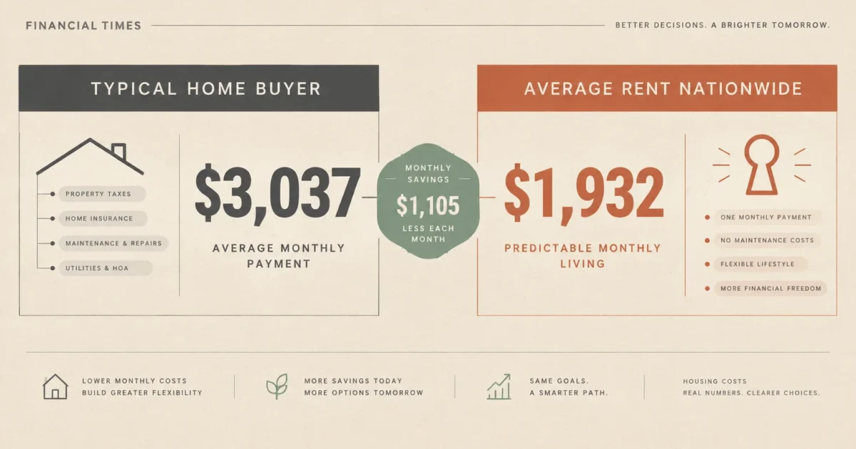Infographic comparing typical home buyer payments of $3,037 with average nationwide rent of $1,932, showing $1,105 monthly savings.