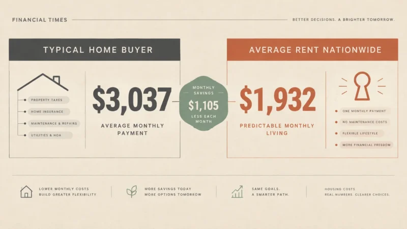 Infographic comparing typical home buyer payments of $3,037 with average nationwide rent of $1,932, showing $1,105 monthly savings.