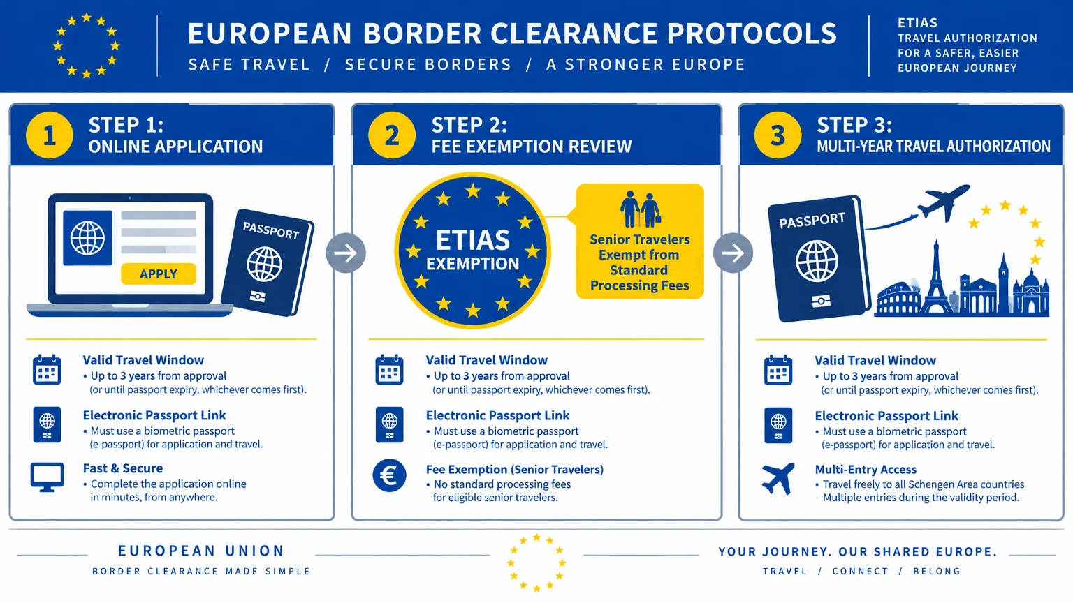 Three-step infographic for European border clearance showing online application, fee exemption review, and authorization.