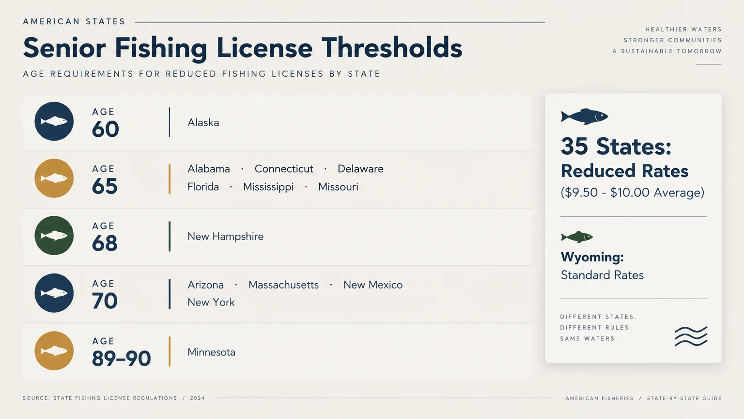 Infographic listing senior fishing license age thresholds, showing Alaska at age 60 and six states at age 65.