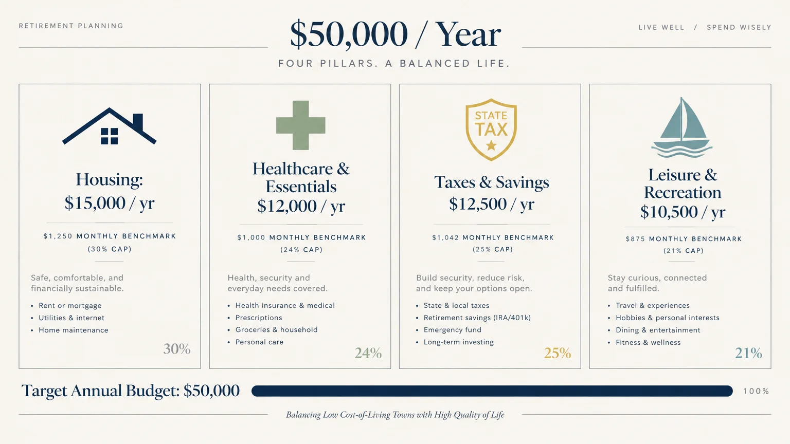 Infographic dividing a $50,000 annual budget into housing, healthcare, taxes and savings, and leisure categories.
