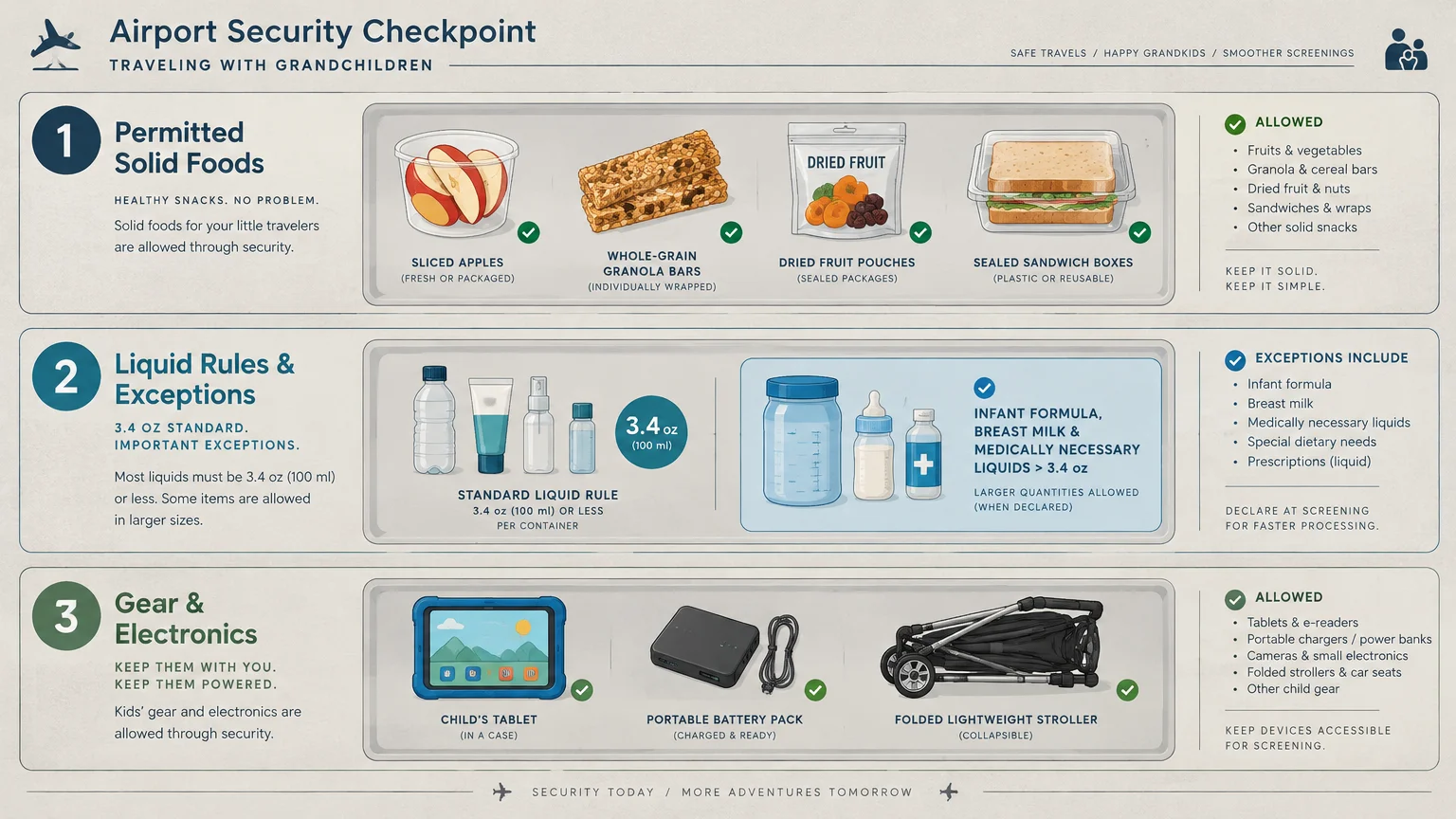 Diagram outlining airport security screening rules for permitted solid foods, liquid exemptions, and travel gear with kids.