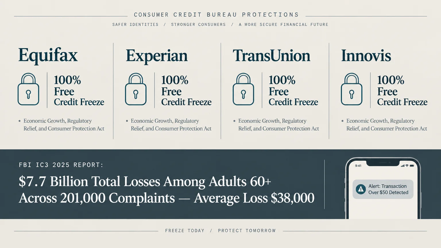 Infographic showing credit freeze options at four credit bureaus above 2025 FBI fraud statistics and a phone alert.