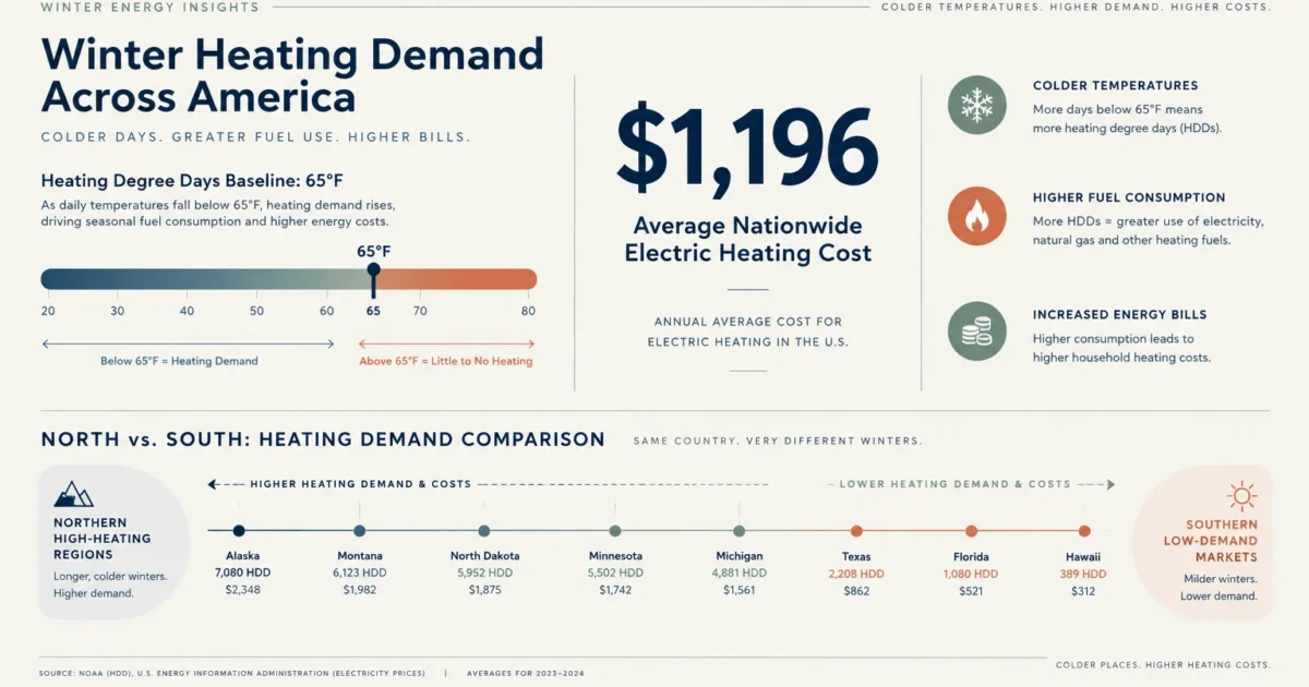 Infographic showing a 65-degree heating degree day baseline, $1,196 average electric cost, and state-by-state heating demand.