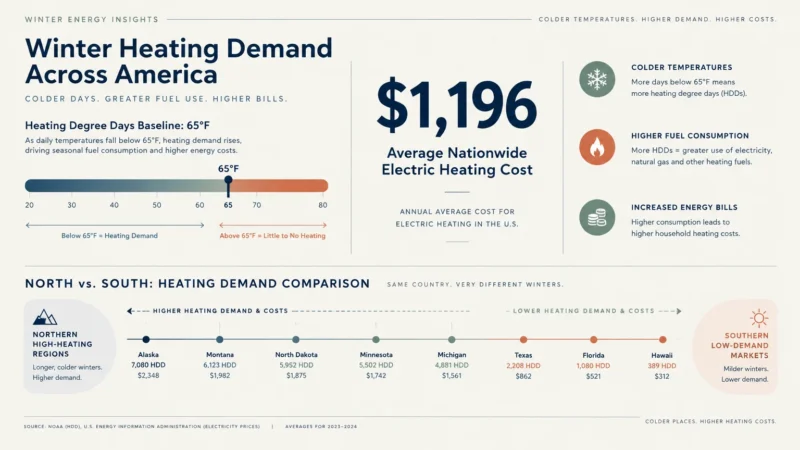 Infographic showing a 65-degree heating degree day baseline, $1,196 average electric cost, and state-by-state heating demand.