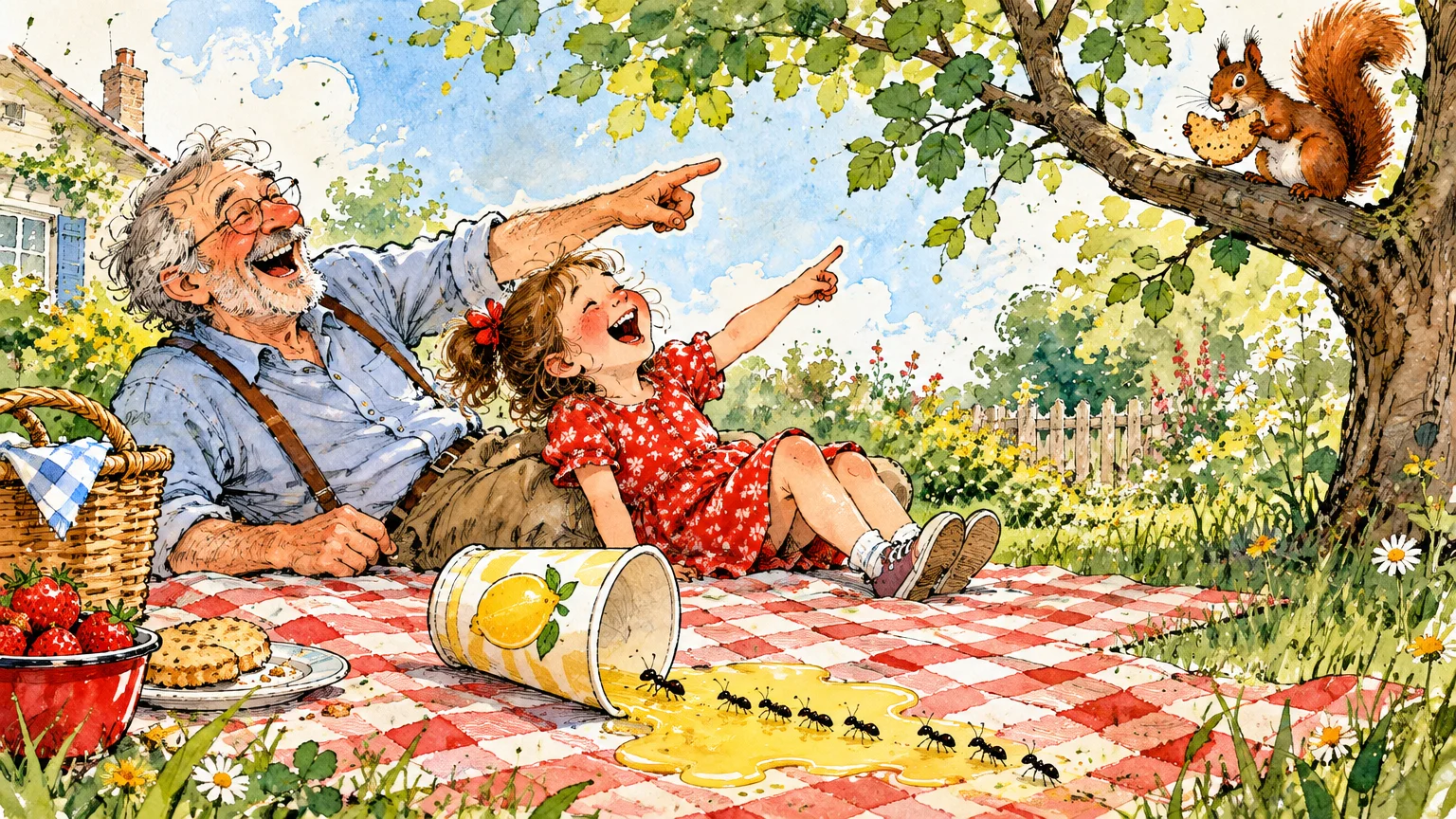 Grandfather and granddaughter laugh outdoors on a picnic blanket near spilled lemonade, pointing at a squirrel in a tree.