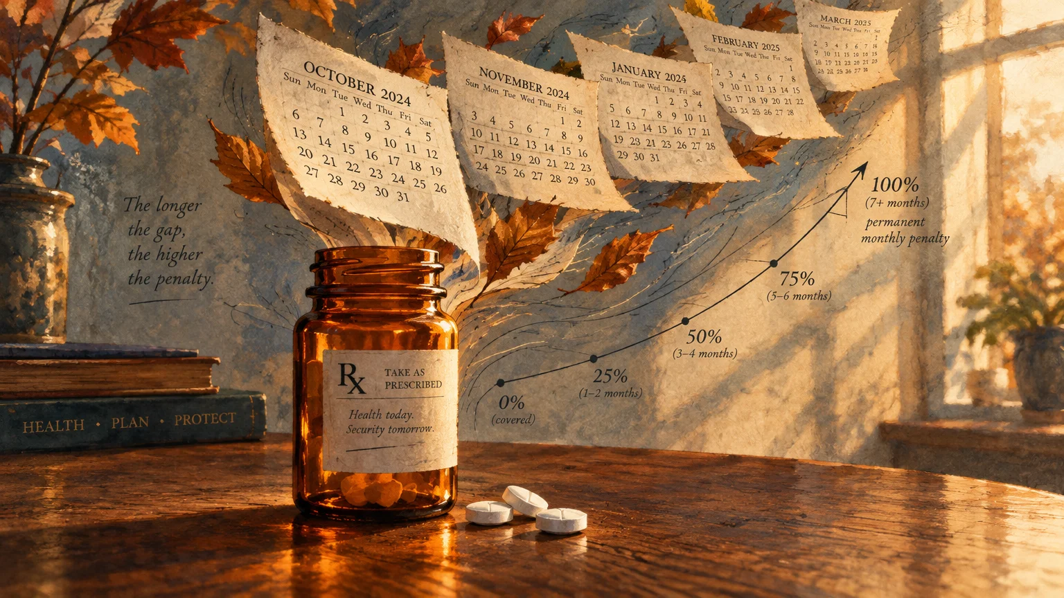 Pill bottle on a table beside calendar pages and an upward graph showing monthly penalties over time.