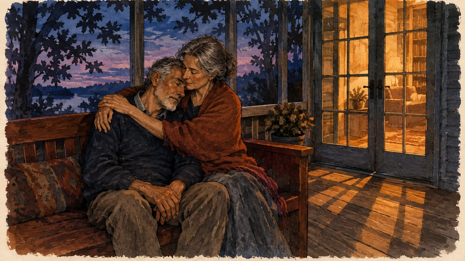 Illustration of an older couple embracing tenderly on a screened porch bench at dusk.