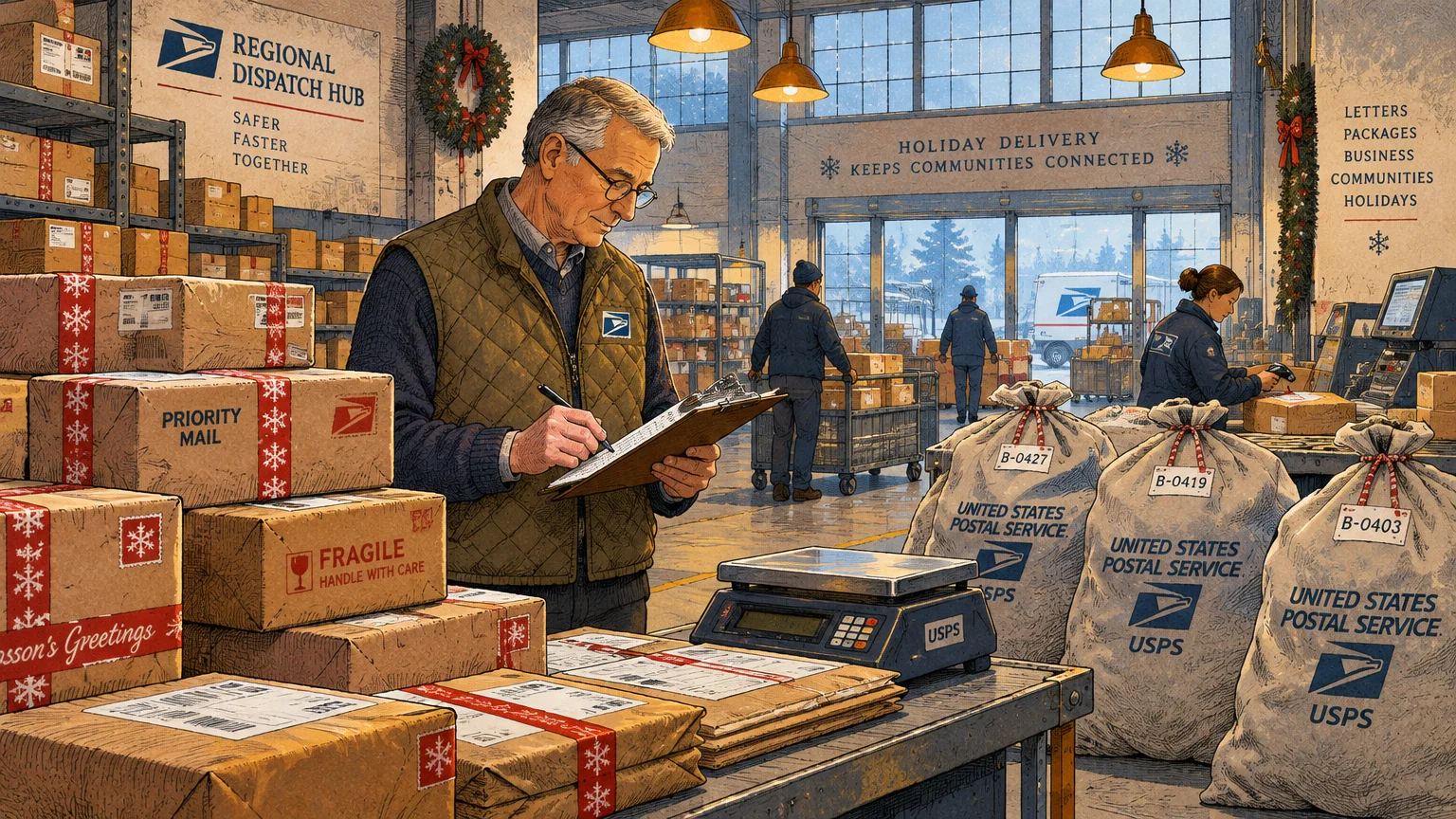 Senior man checking a clipboard beside stacks of holiday parcels and mail sacks in a busy postal warehouse.