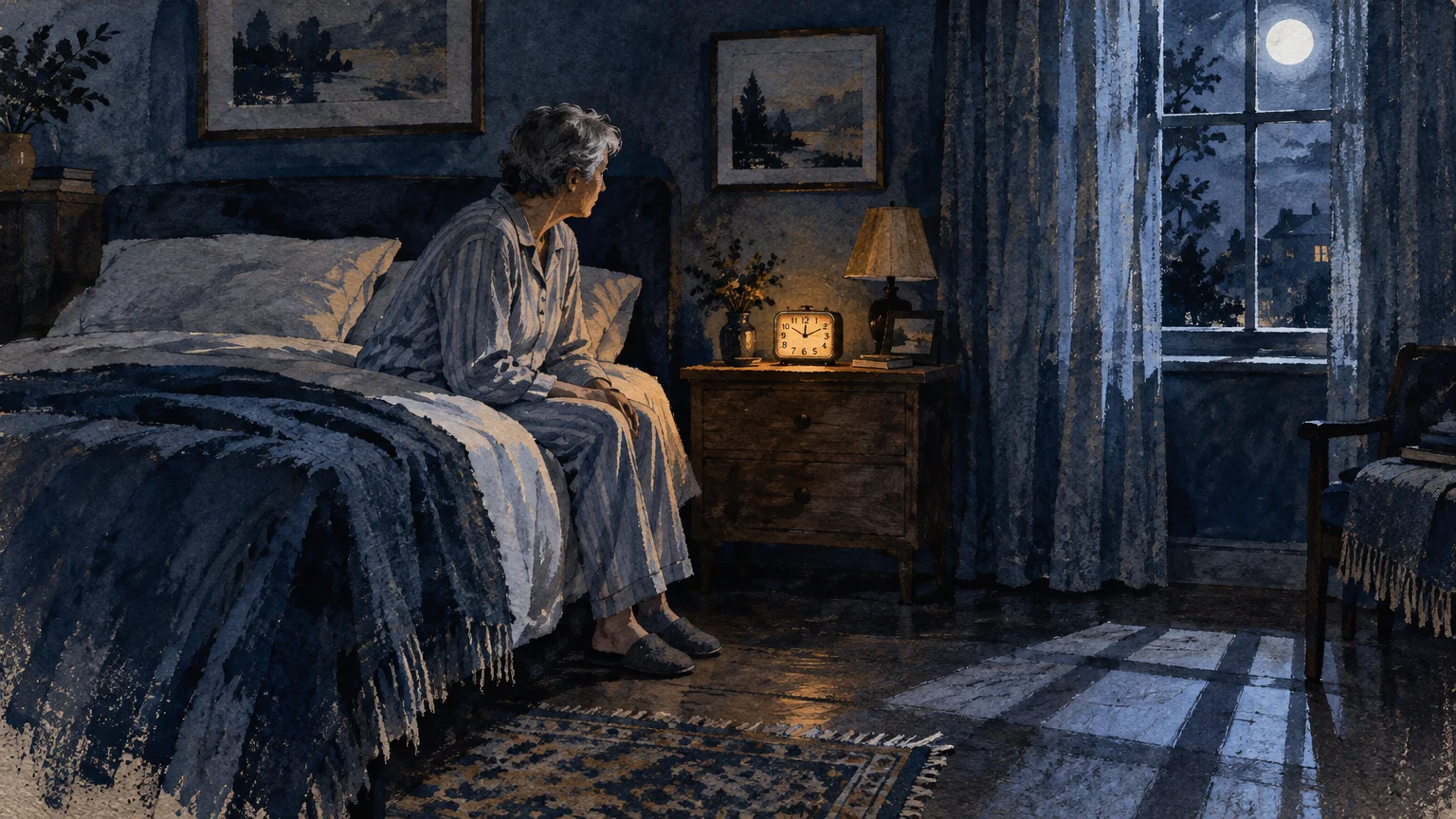 Illustration of an older person in pajamas sitting on a bed in a dark room, looking out the window at night.