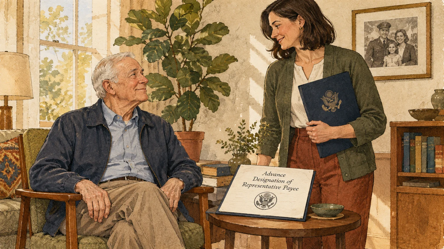 Watercolor illustration of a woman presenting Advance Designation paperwork to an older man seated in an armchair.