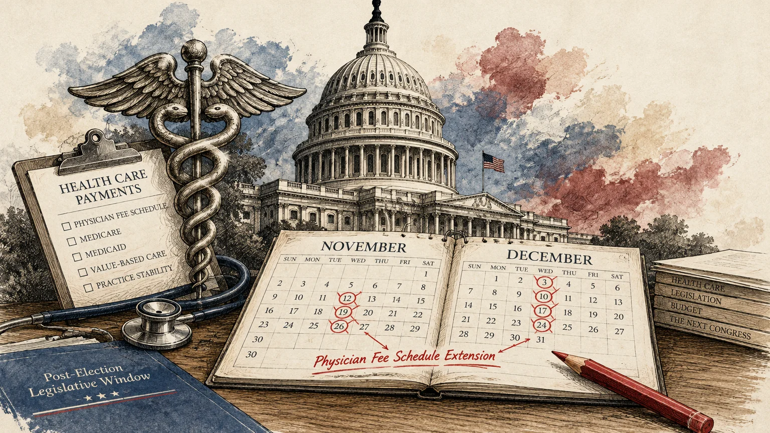 Illustration of the US Capitol dome, a caduceus, stethoscope, and an open calendar showing November and December dates.
