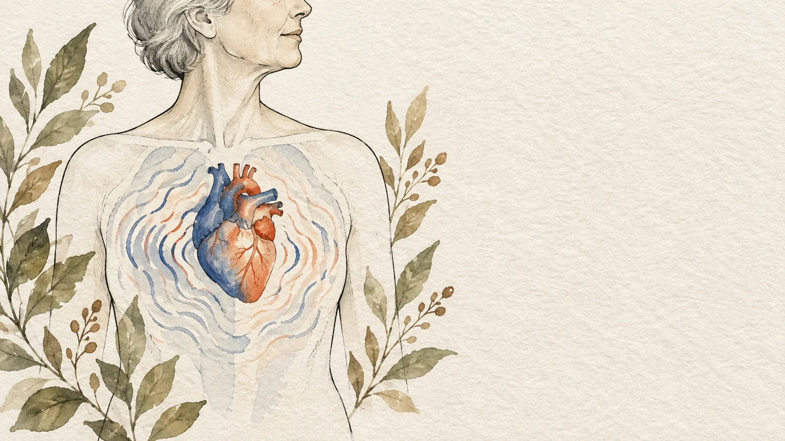 Watercolor illustration of an older woman's torso showing an anatomical heart surrounded by radiating rippling waves.