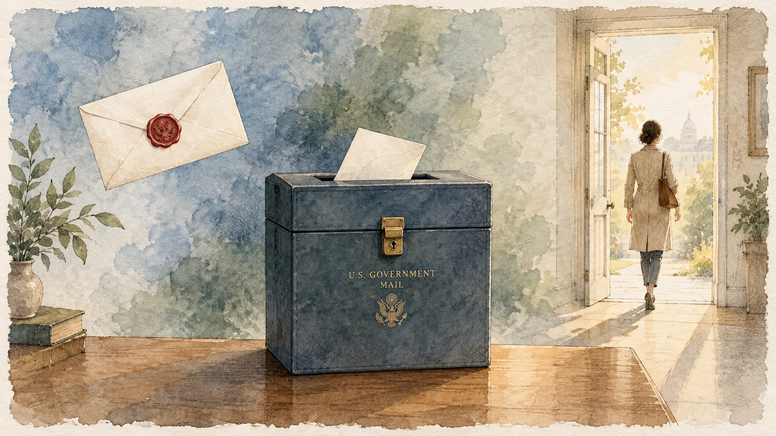 Watercolor illustration of a blue U.S. government mailbox with letters, beside a woman walking out an open door.