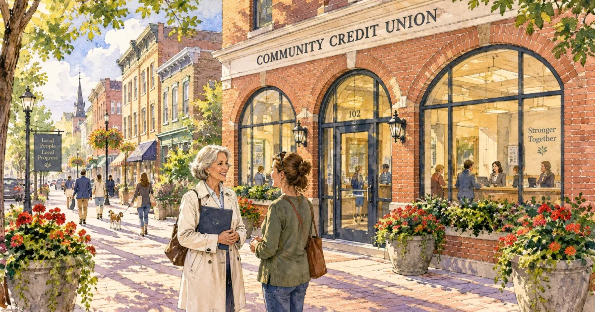 Watercolor illustration of people outside a brick community credit union along a sunny town street.