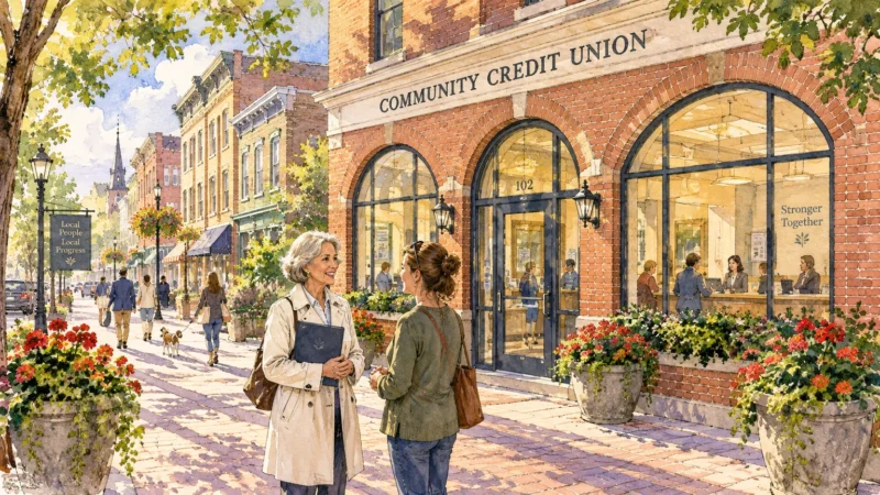 Watercolor illustration of people outside a brick community credit union along a sunny town street.