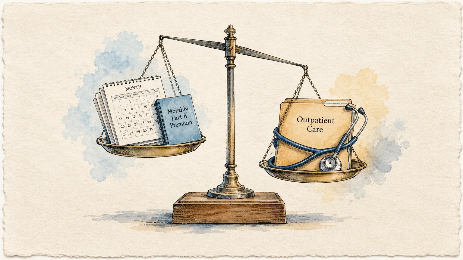 Illustration of a balance scale with a calendar and premium notebook on one pan and a medical folder with stethoscope on the other.