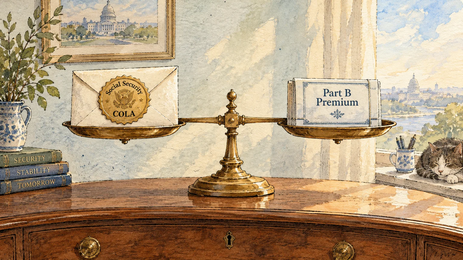 Illustration of a brass balance scale holding a Social Security COLA envelope and a Part B Premium card on a wooden desk.