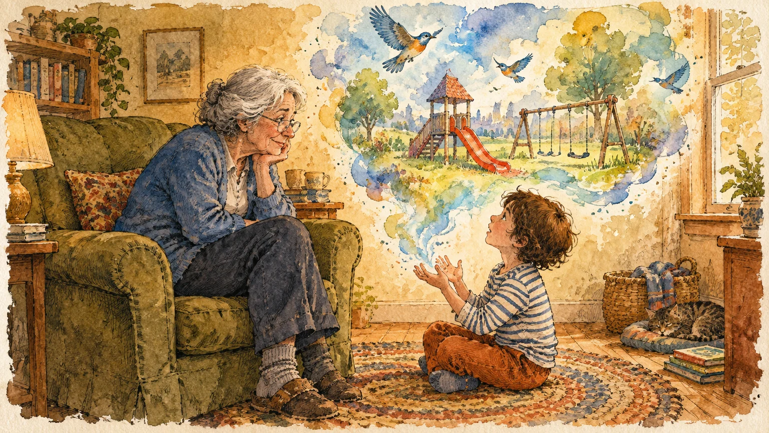 Watercolor illustration of a grandmother in an armchair listening to a child sitting on a rug describing a playground scene.