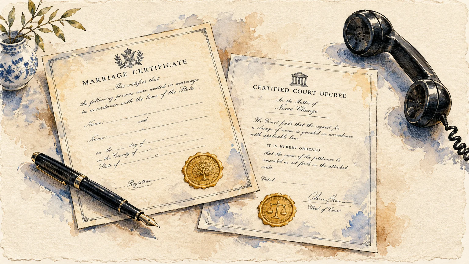 Watercolor illustration of a marriage certificate, certified court decree, fountain pen, and vintage telephone receiver.