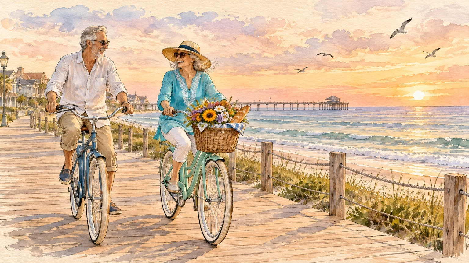 Watercolor illustration of an older couple riding bicycles along a coastal boardwalk near the ocean at sunset.