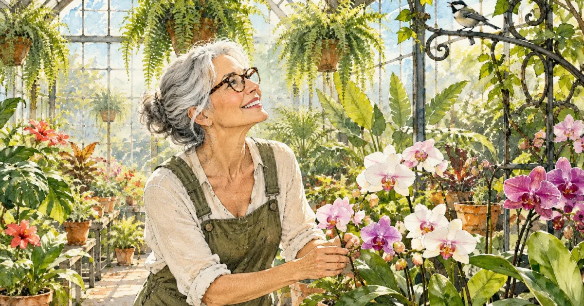 Watercolor illustration of a smiling senior woman with glasses tending orchids in a sunlit greenhouse with a small bird.