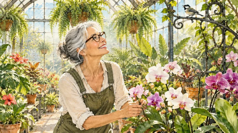 Watercolor illustration of a smiling senior woman with glasses tending orchids in a sunlit greenhouse with a small bird.