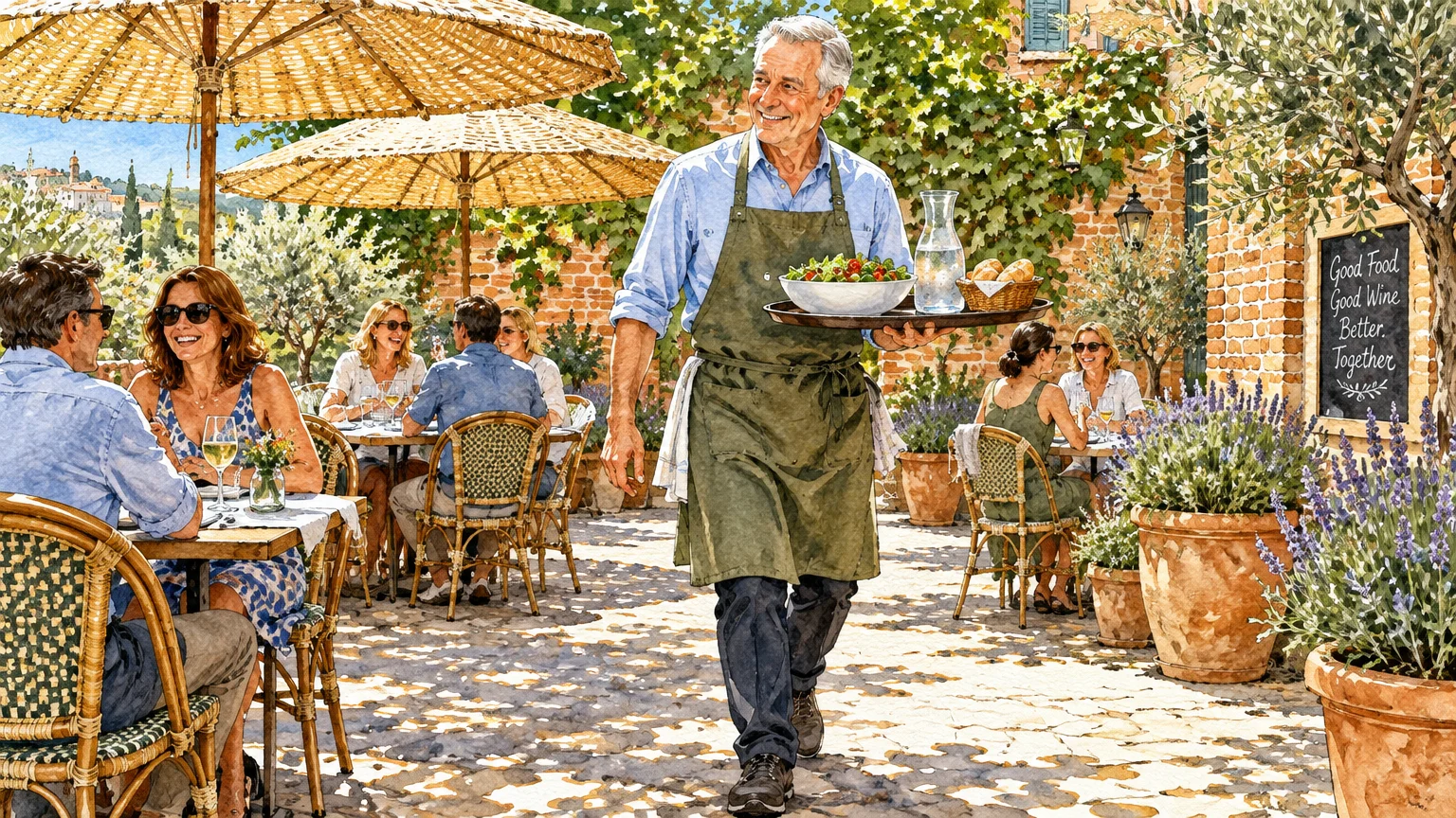 Illustration of an older smiling male server carrying a tray of food across a sunny outdoor restaurant patio.
