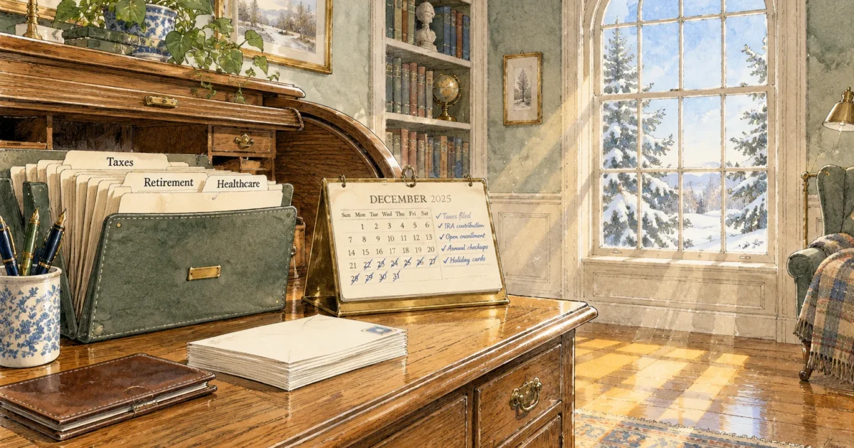 Desk with organized file folders, envelopes, and a December calendar beside a window overlooking a snowy landscape.