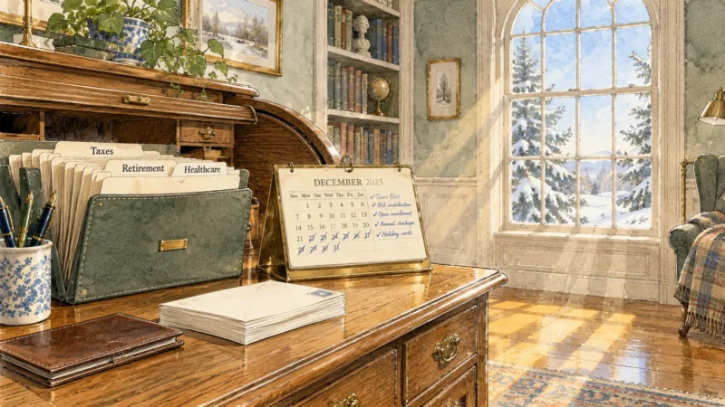 Desk with organized file folders, envelopes, and a December calendar beside a window overlooking a snowy landscape.