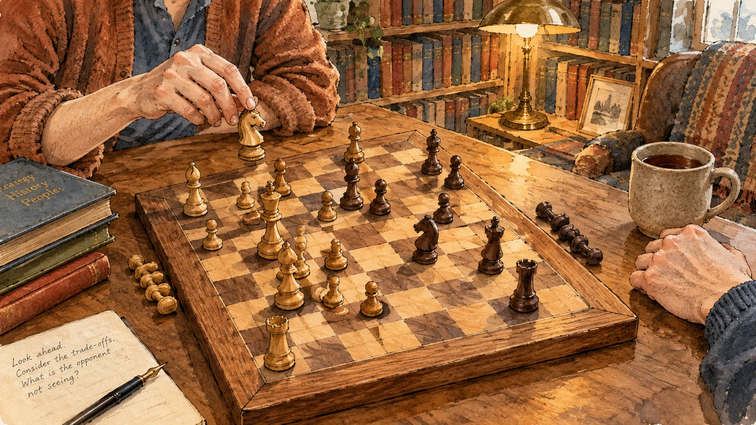 Two people playing chess at a wooden table in a cozy library with books, a mug, and a lit desk lamp.