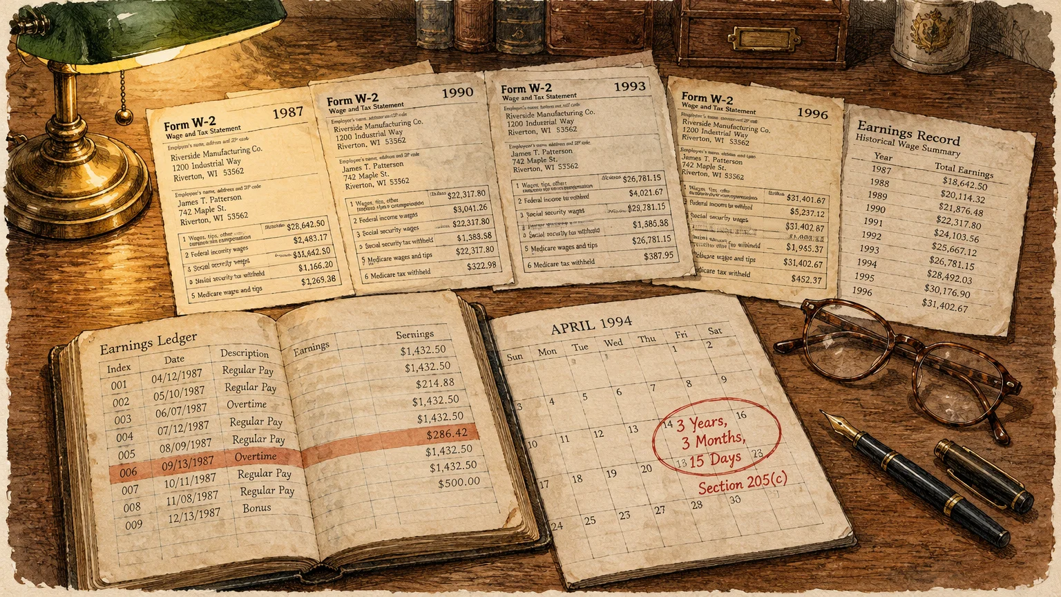 Illustration of old W-2 forms, an earnings ledger, and an April 1994 calendar circled with 3 years, 3 months, 15 days.
